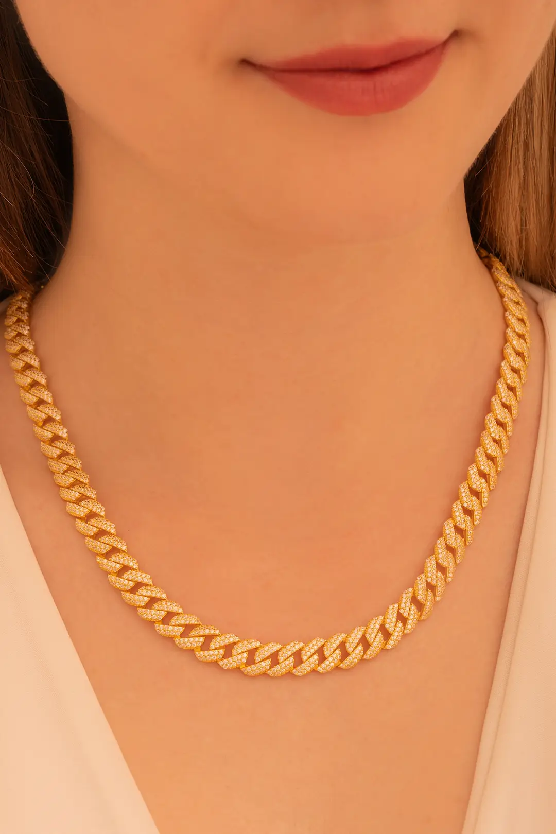 Women's Silver Necklace 22 K Gerçek Gold Plated Stone-set Gourmette Silver Necklace