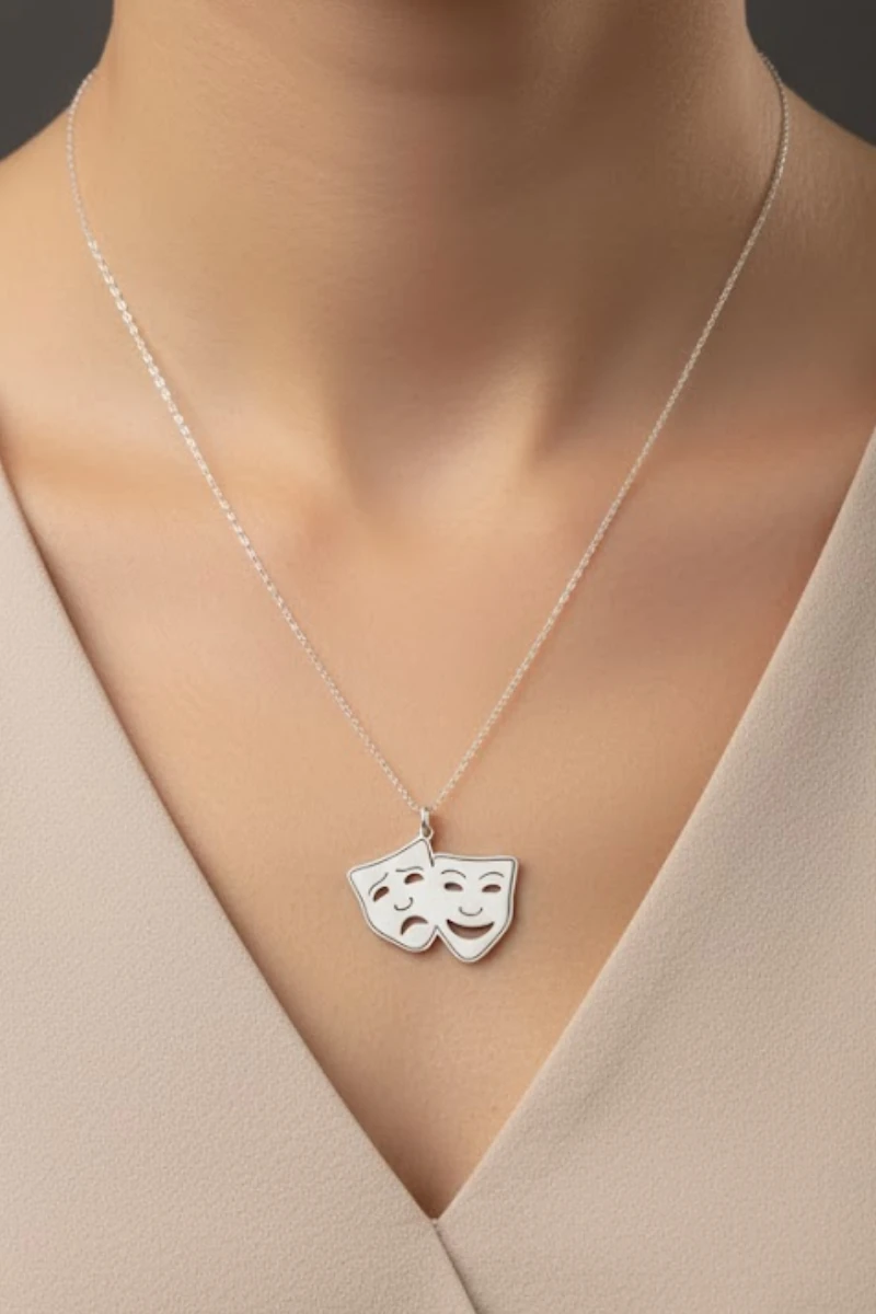 Kadın Gümüş Kolye - Tiyatro Maske Ağlayan Gülen Surat Yüz 925 Ayar Gümüş Hayalet Kolye