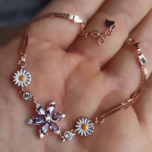 Rose Rengi Nergis Çiçeği Zirkon Taşlı Bayan Gümüş Bileklik