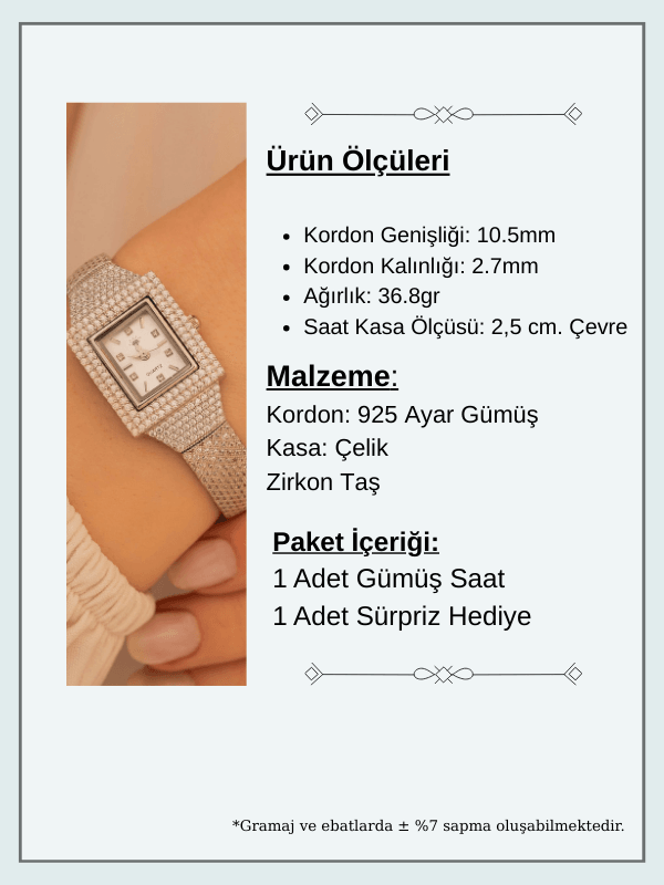 Kadın Gümüş Saat - Gelin Saati - Zirkon Taşlı 925 Ayar Gümüş Kadın Saat Kare Model