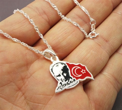 Unisex Gri Atatürk ve Ayyıldız'lı Gümüş Kolye Zincir