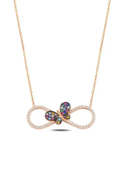 Mix Stone-set Butterfly Rose Infinity Women's Silver Necklace GKLSNSZLKM5-ROS