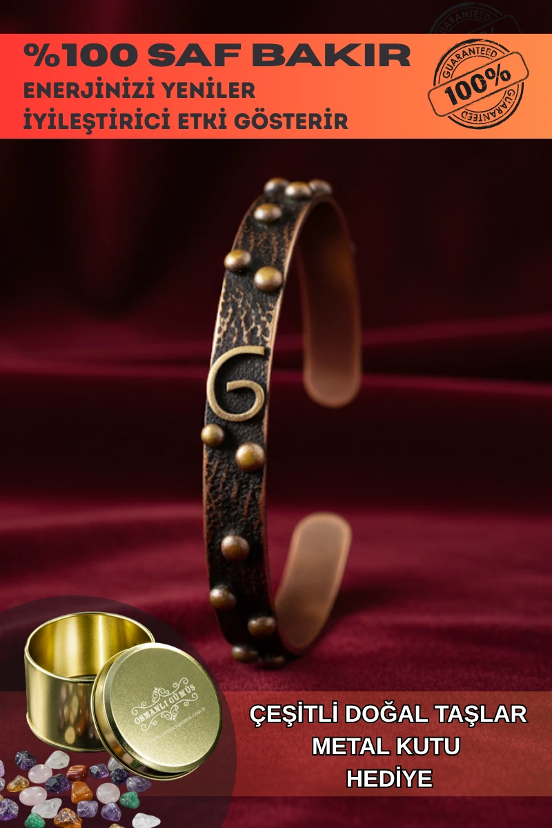 G Motif Model %100 Saf Bakır Erkek Kadın Bileklik – Metal Kutu ve Doğal Taşlar