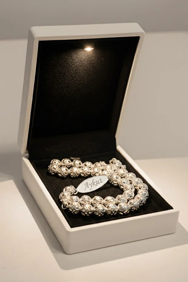 Erkek Gümüş Tespih - Çift Yön İsim Yazılabilir 925 Ayar Delikli Parlak Küre Kesim Tesbih Bilek Boy