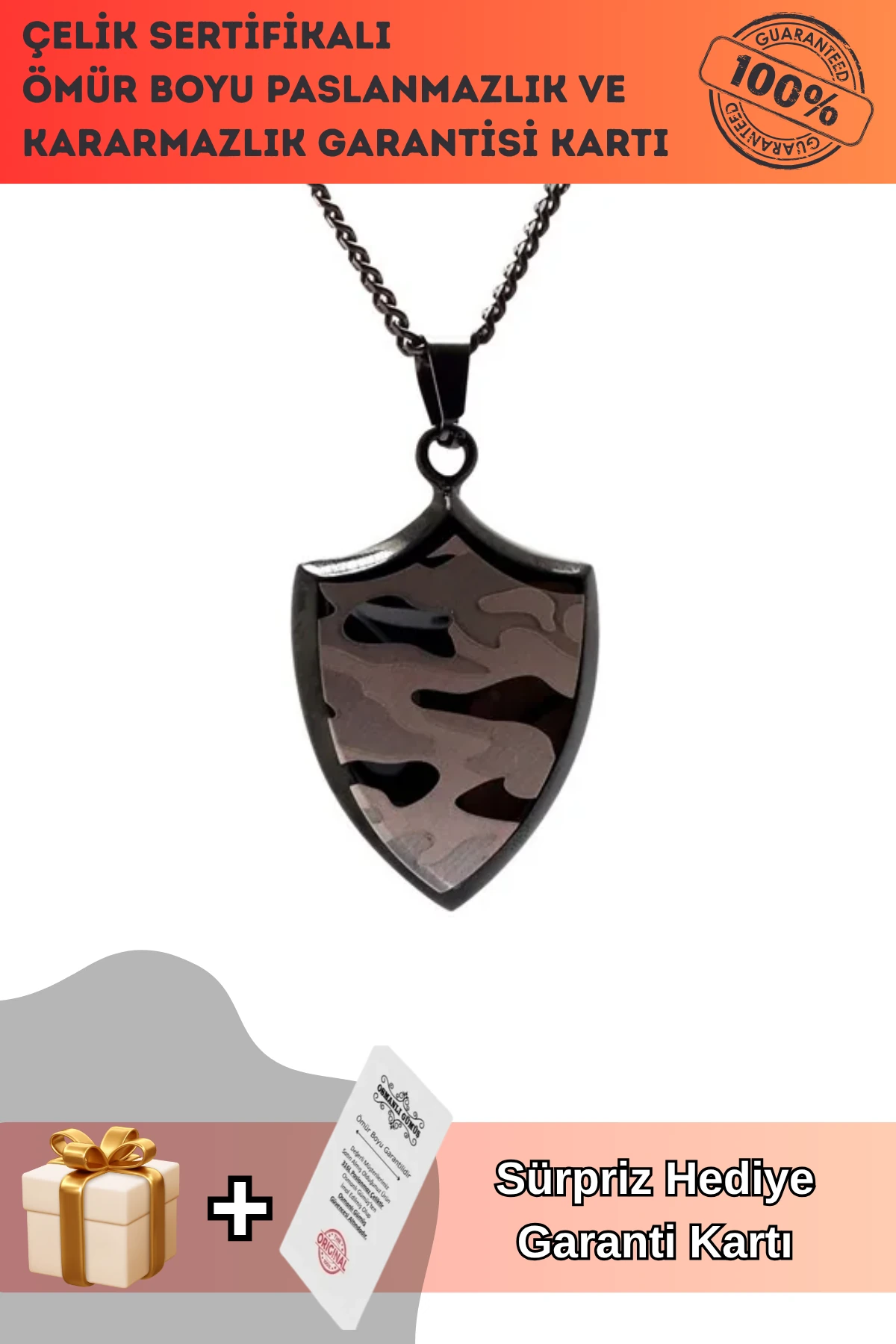 Askeri Kamuflaj Desenli Kalkan Modeli Çelik Erkek Kolye Zincir