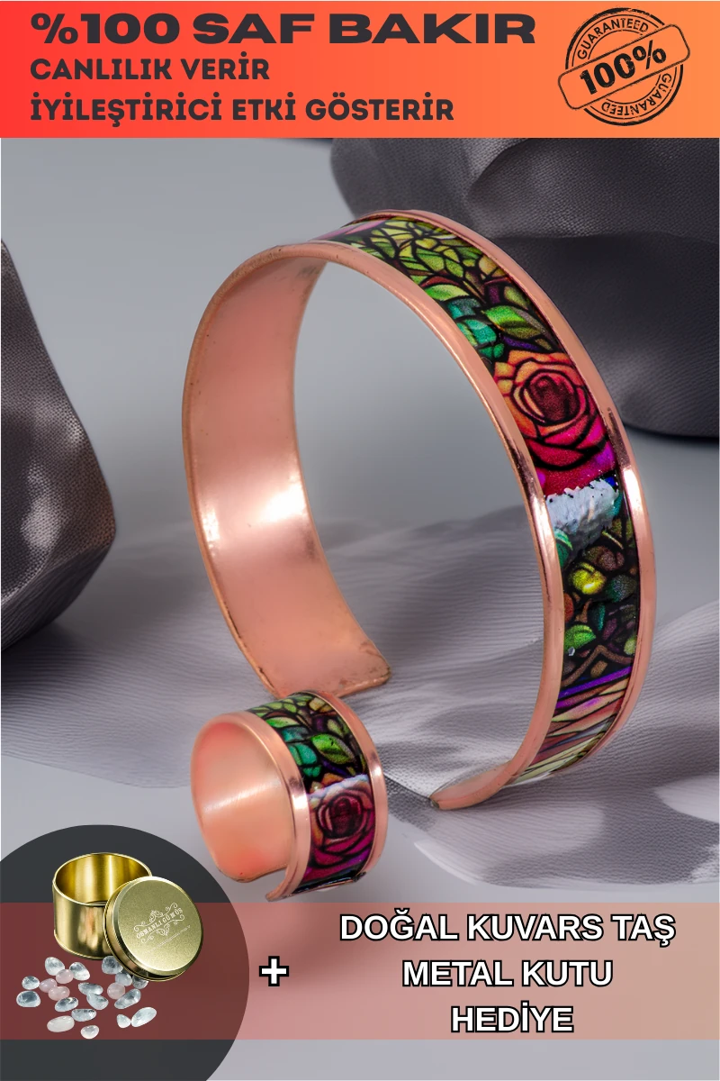 Kadın Bakır Bileklik Yüzük Set - Roselaw Model Özel Baskı Metal Kutu Ve Kuvars Taşı