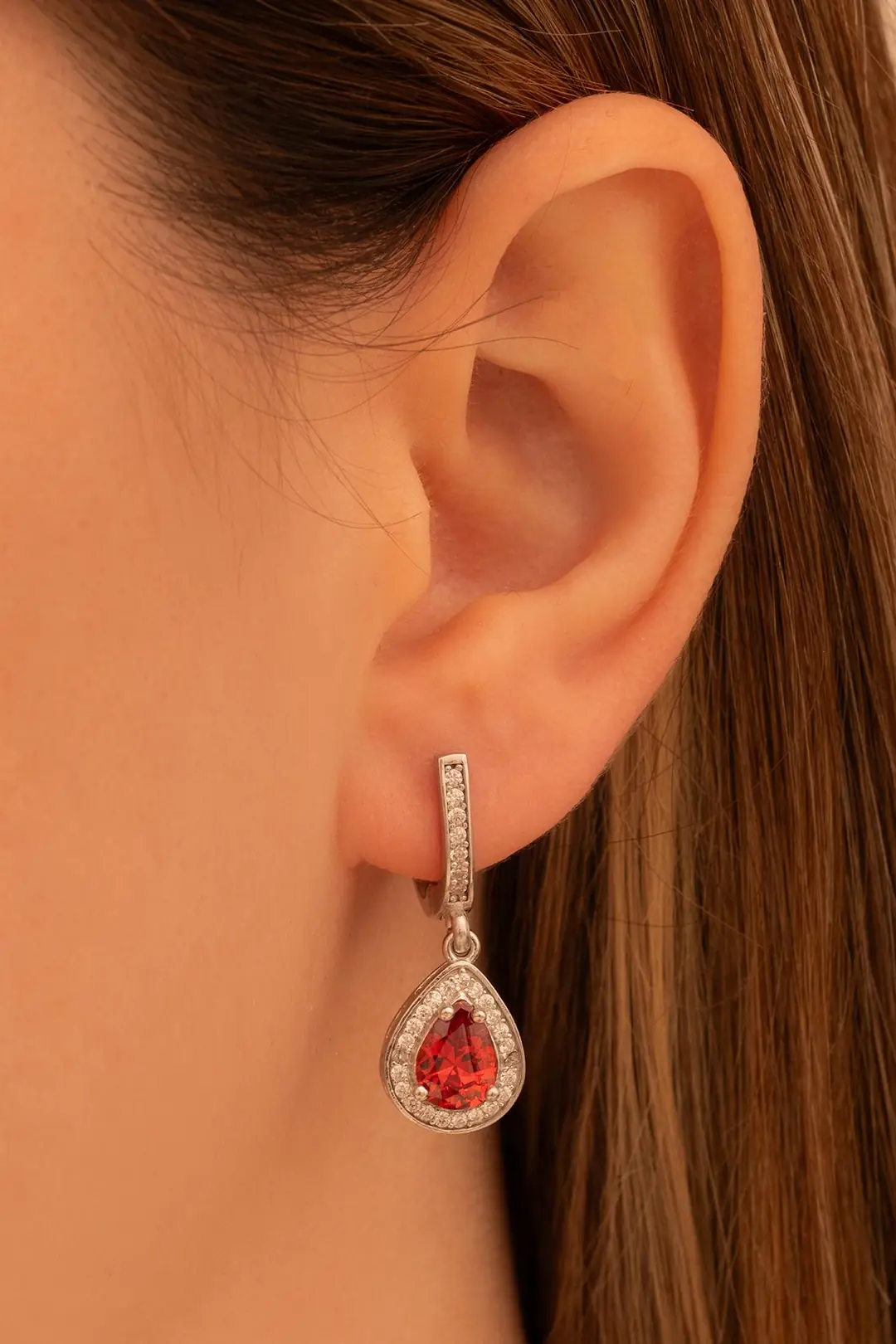 Women's Silver Earrings Drop Ruby Stone-set Zircon Süslemeli Rhodium-Plated Women's Earrings