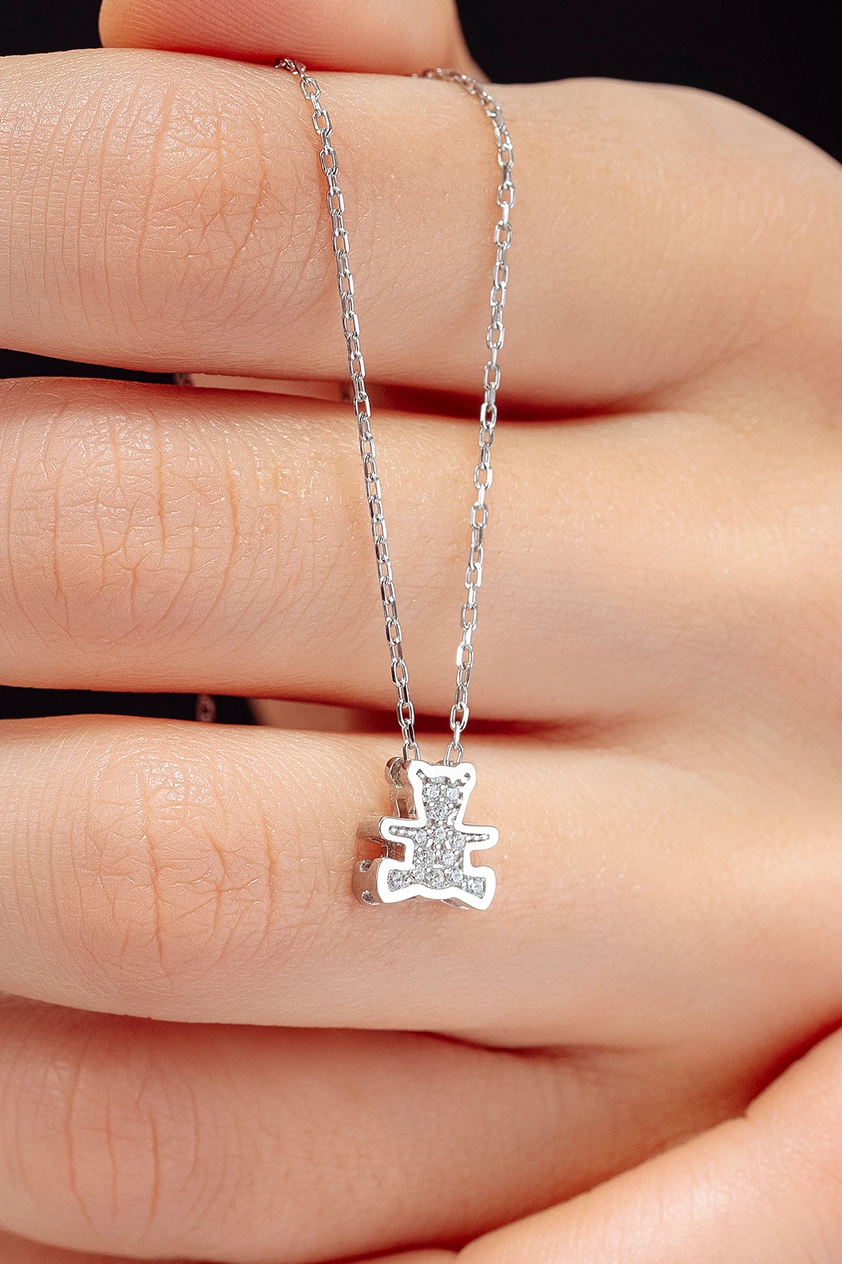 Kadın Gümüş Kolye - Swarovski Taşlı Zirconia Ayıcık Motifli Kadın Kolye