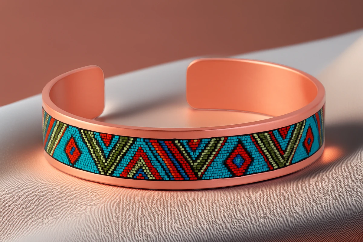 Kadın Bakır Bileklik Yüzük Set - Arina Model Özel Baskı Metal Kutu Ve Doğal Taşlar