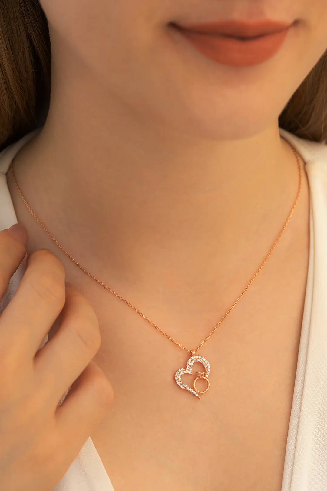 Women's Silver Necklace Zircon Stone-set Rose Color Solitaire Heart Women's Silver Necklace