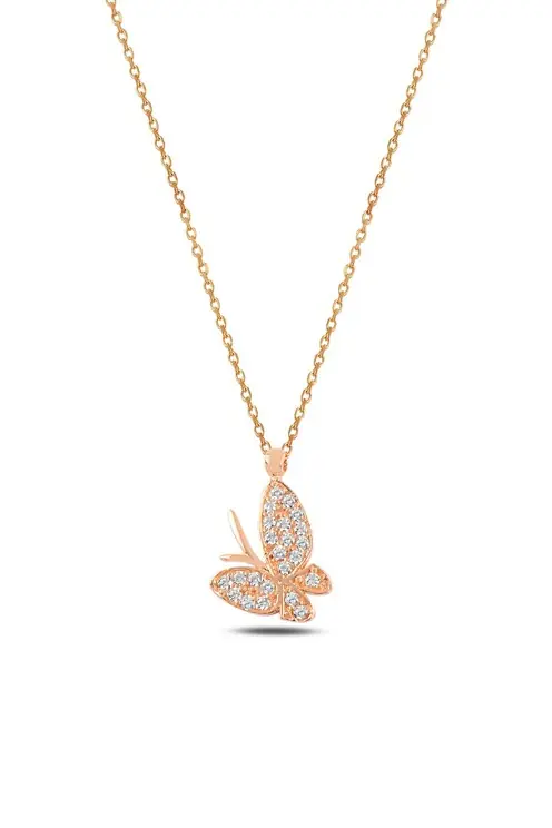 Women's Rose Zircon Stone-set Butterfly Silver Necklace Gklklbkmdl1-ros