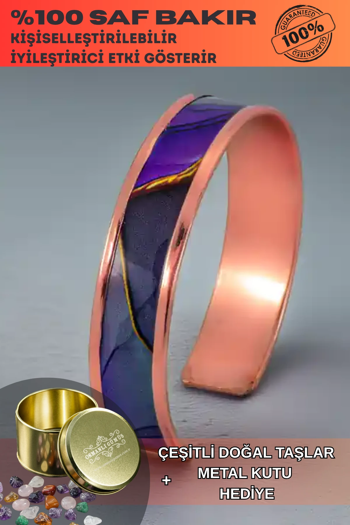 Kadın Bakır Bileklik - Laura Model Özel Baskı Metal Kutu Ve Kuvars Taşı