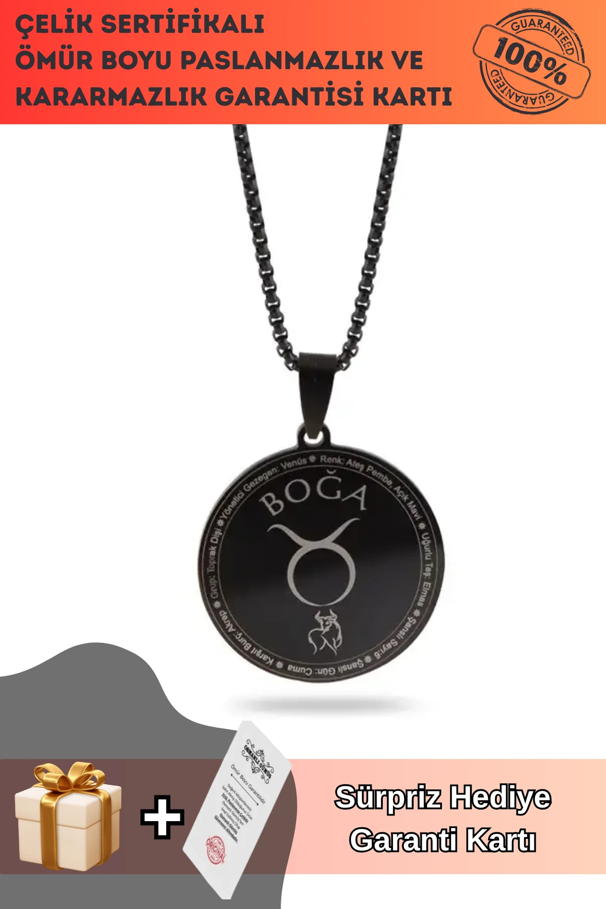 Boğa Burcu Kolyesi Unisex Çelik Kolye Siyah Polo Zincir Cklbogabrc1-syh