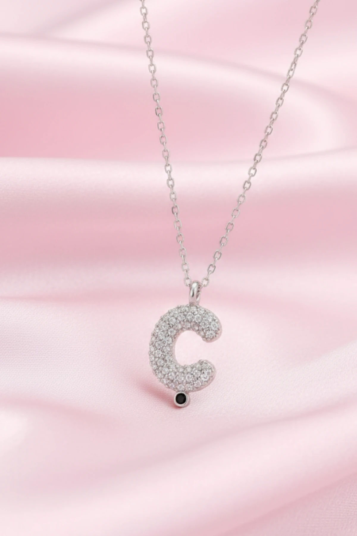 Kadın Gümüş Kolye - 925 Ayar Zirkon Taşlı Balon Ç Harfi Bayan Kolye