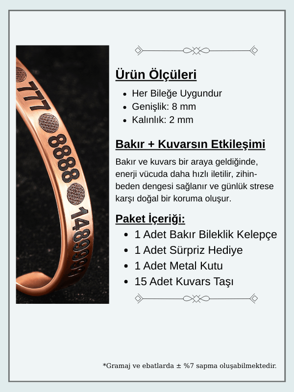 Saf Bakır Bileklik Silinmez Melek Sayı Sekansları Aşk Para Sağlık Metal Kutu Kuvars Her Bileğe Uyar