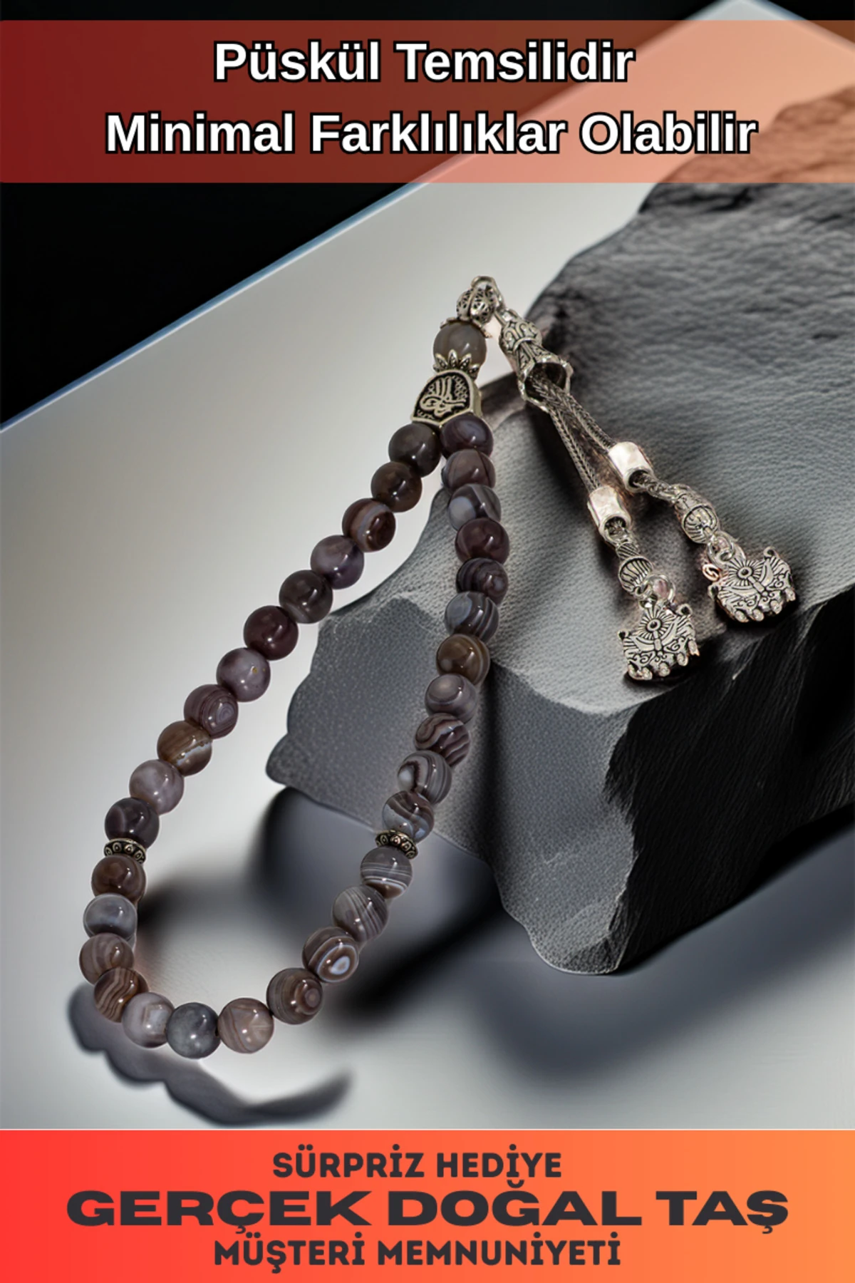 Erkek Doğal Taş Tespih - Doğal Mor Akik Taşlı Ortaboy Tesbih