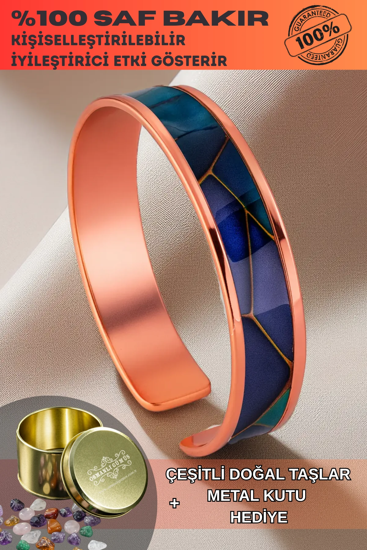 Kadın Bakır Bileklik - Diana Model Özel Baskı Metal Kutu Ve Doğal Taşlar