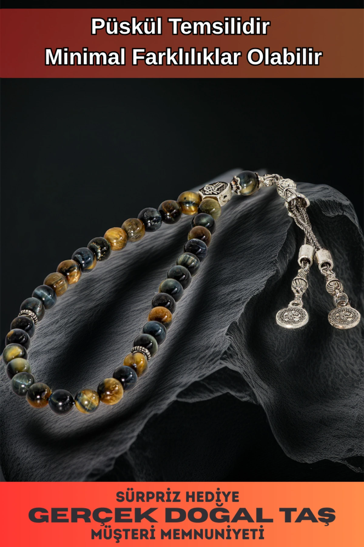 Erkek Doğal Taş Tespih - Doğal Karışık Renkli Kaplangözü Taşlı Ortaboy Tesbih