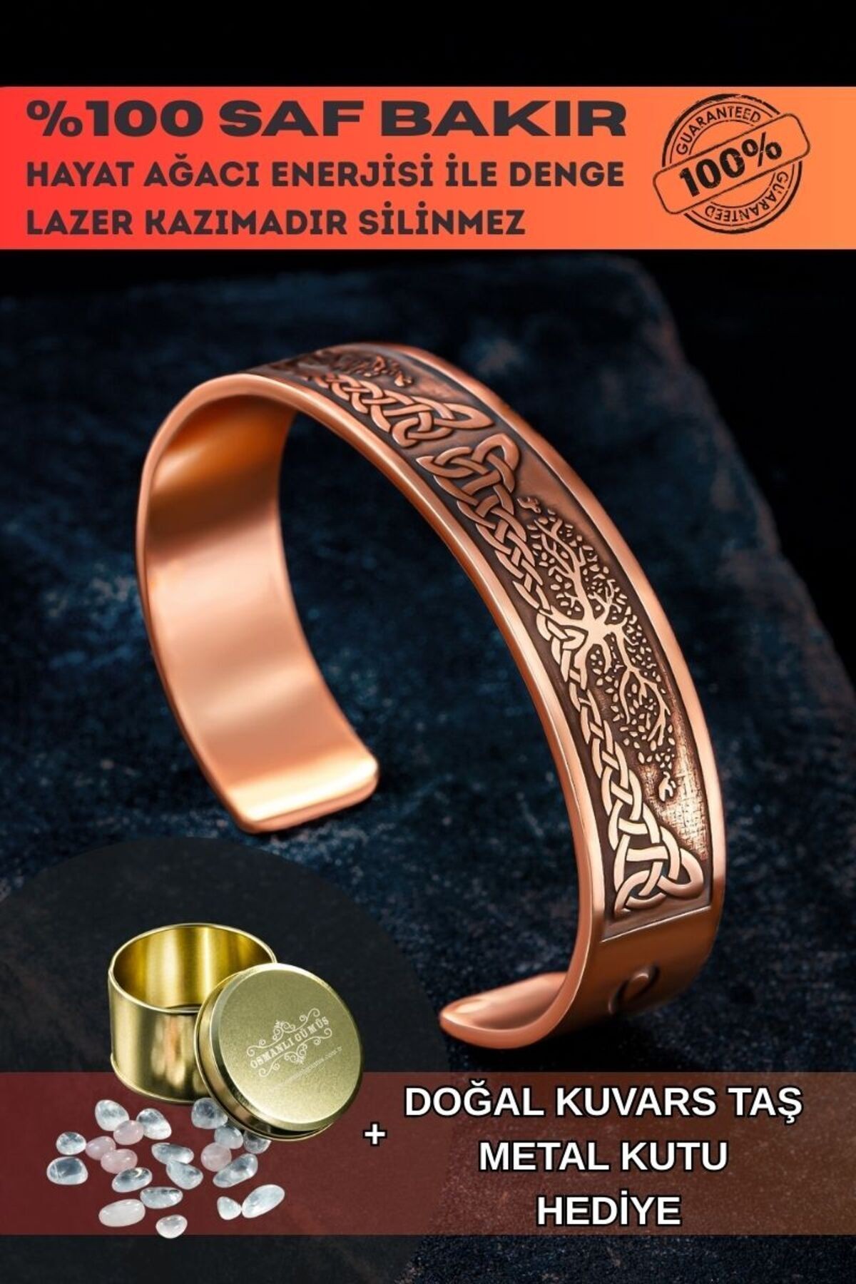 Erkek Bakır Bileklik - Viking Hayat Ağacı - YGGDRASİLL İskandinav Mitolojisi Erkek Kelepçe Bileklik