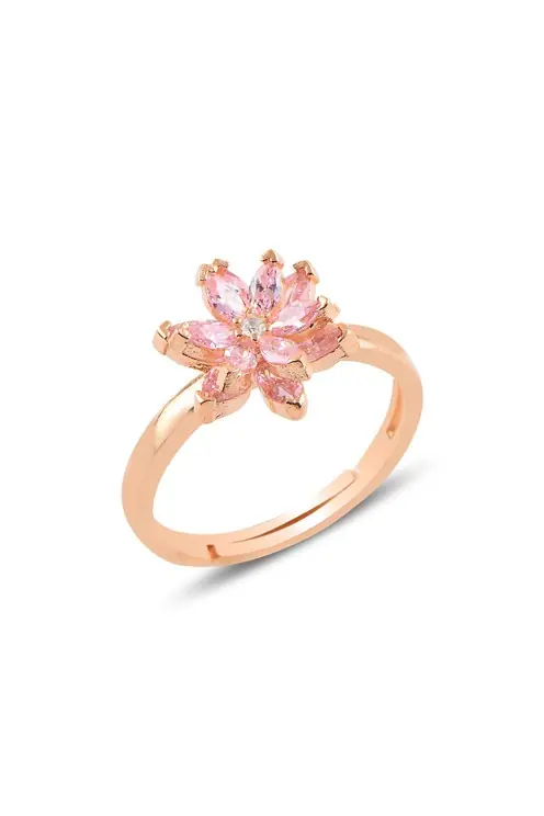 Pink Zircon Stone-set Flower Motif 2 Rose Silver Women's Ring GYZCCKMDLM2-ROS