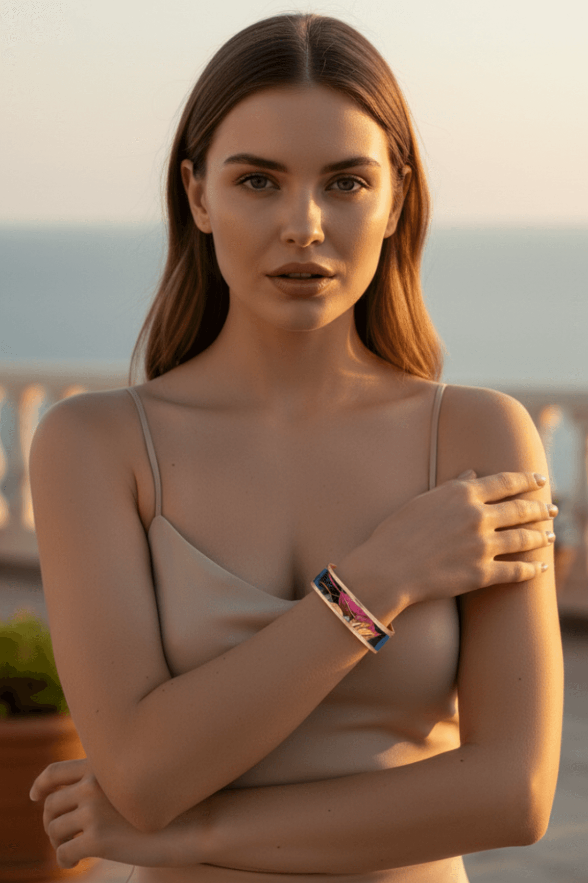 Kadın Bakır Bileklik - Elisa Model Özel Baskı Metal Kutu Ve Kuvars Taşı