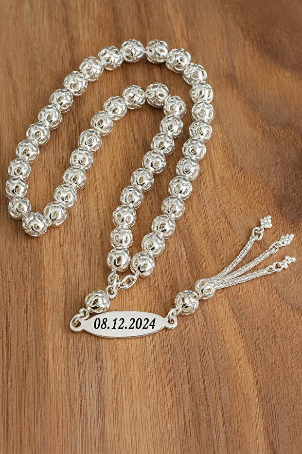 Erkek Gümüş Tespih - Çift Yön İsim Yazılabilir 925 Ayar Delikli Parlak Küre Kesim Tesbih Bilek Boy