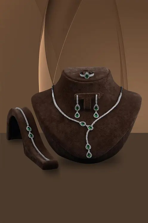 Melodi Women's Emerald Stone-set Silver Water Way Set Necklace, Bracelet, Earrings, Ring