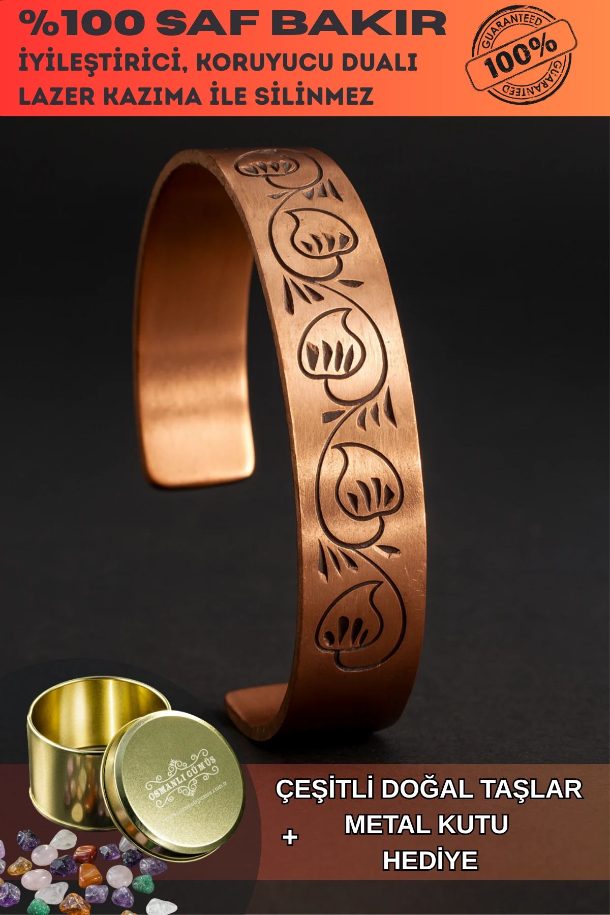 Kadın Bakır Bileklik - Kapalı Lale Model Kadın Bakır Kelepçe Bilezik Metal Kutu ve Doğal Taşlar