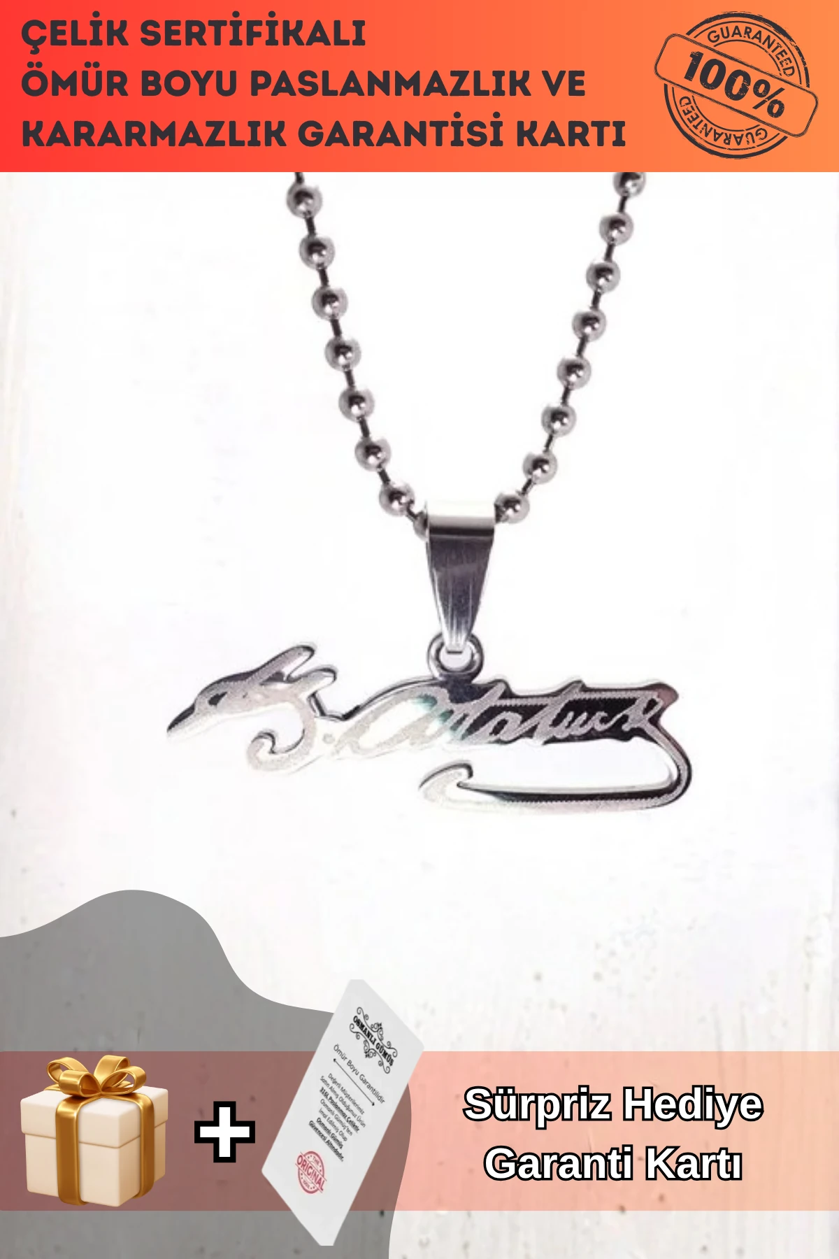Atatürk İmzası Paslanmaz Erkek Bayan Çelik Kolye Zincir
