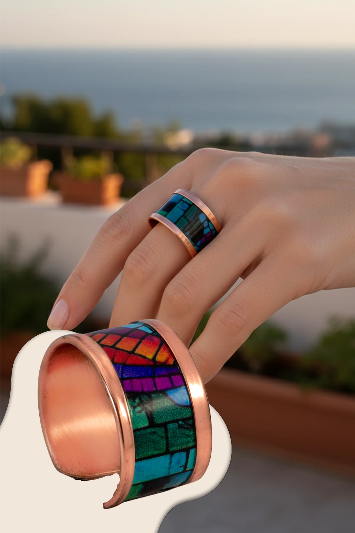 Kadın Bakır Bileklik Yüzük Set - Nadia Model Özel Baskı Metal Kutu Ve Kuvars Taşı