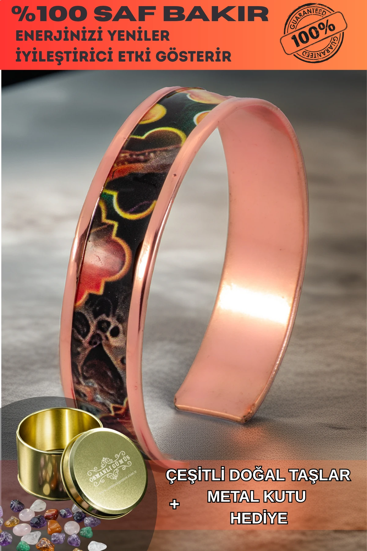Kadın Bakır Bileklik - Ester Model Özel Baskı Metal Kutu Ve Doğal Taşlar
