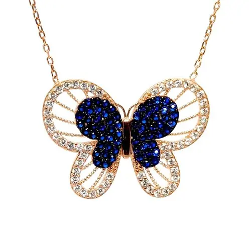 Blue Stone-set Butterfly Women's Silver Necklace Rose Color