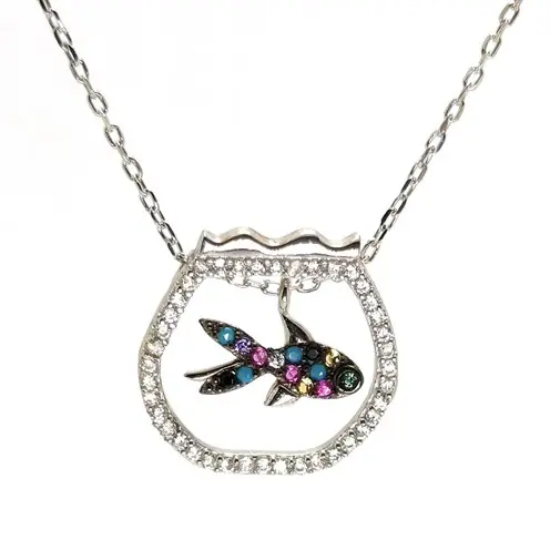 Women's Silver Necklace Zircon Stone-set Fish Figured Akvaryum Silver Necklace