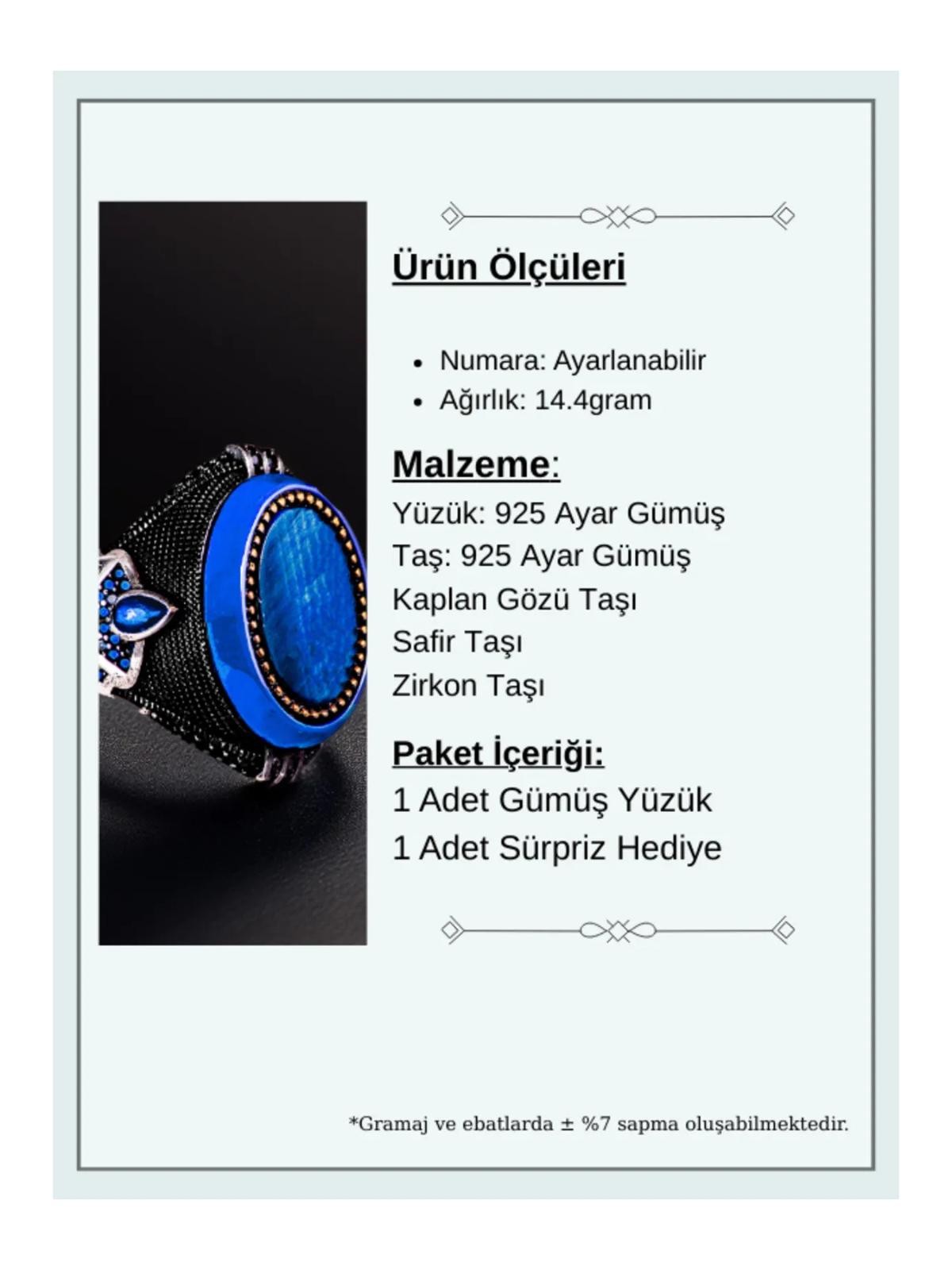 Erkek Kehribar Detaylı Mavi Kaplan Gözü Ve Yanı Damla Model Safir Taşlı 925 Ayar Gümüş Yüzük