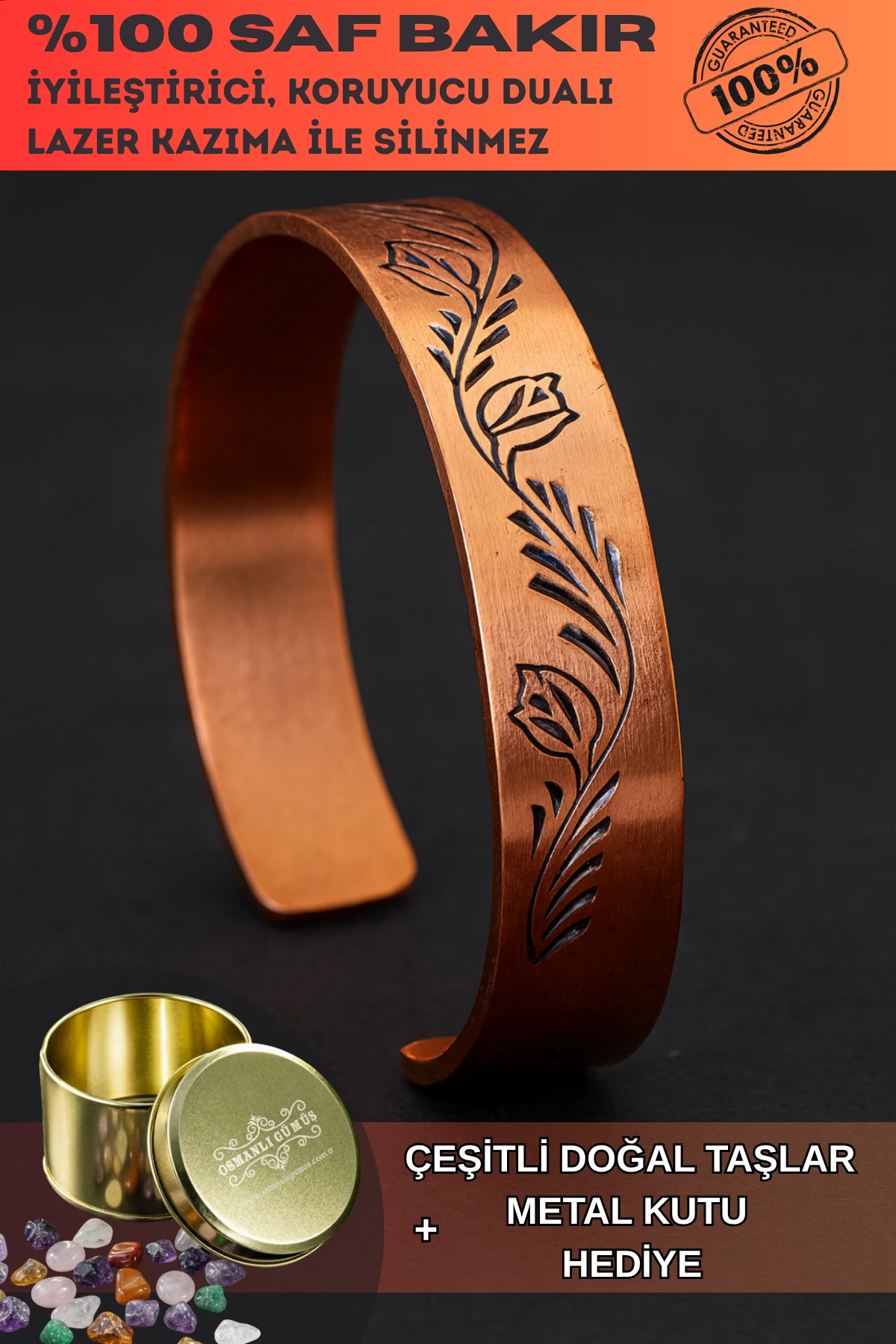 Kadın Bakır Bileklik - Lale Model Kadın Bakır Kelepçe Bilezik Metal Kutu ve Doğal Taşlar