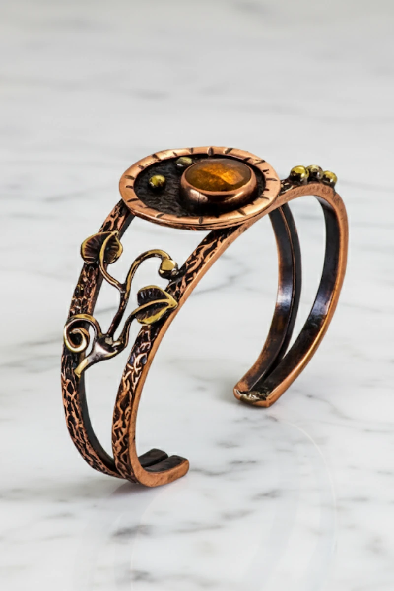  Kadın Bakır Bileklik - Sarı Akik Yaprak Motifli Kadın Bilezik Doğal Taşlar ve Metal Kutulu