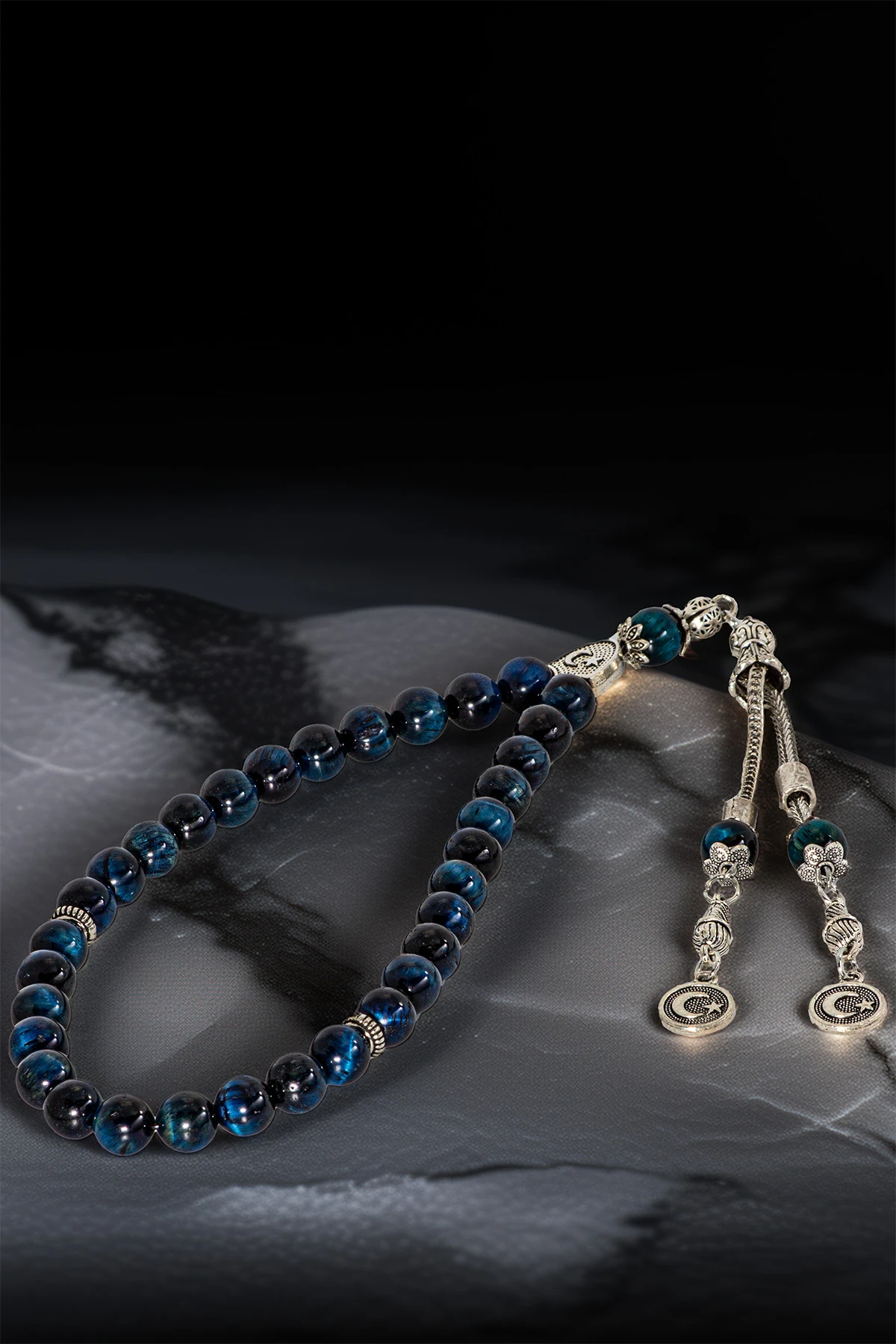 Erkek Doğal Taş Tespih - Doğal Lacivert Parlament Mavisi Kaplangözü Taşlı Ortaboy Tesbih