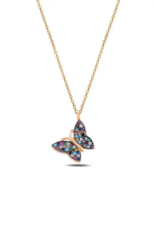 Mix Stone-set Rose Color Butterfly Women's Silver Necklace GKLKLBKRSM3-ROS