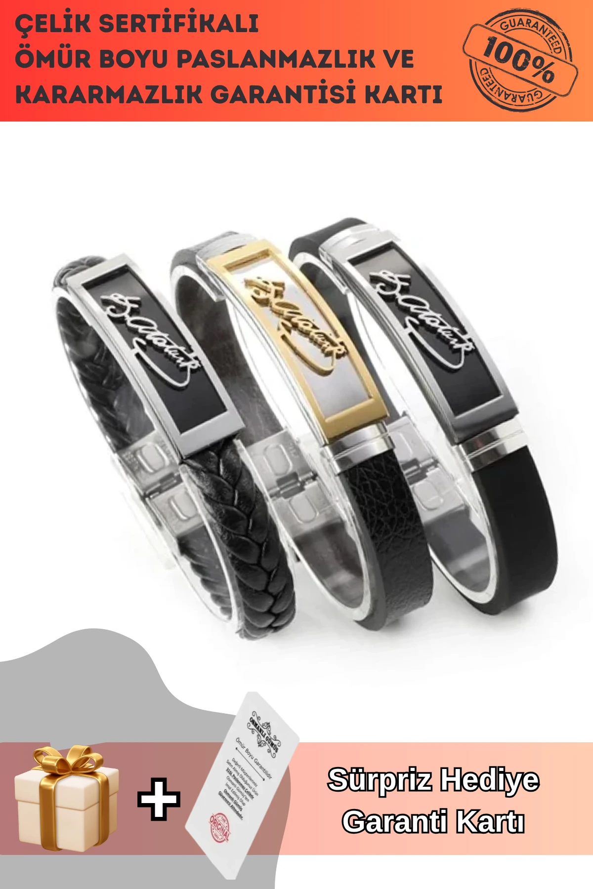 Atatürk İmzalı Erkek Çelik Deri Kauçuk Bileklik Paslanmaz Ve Kararmaz