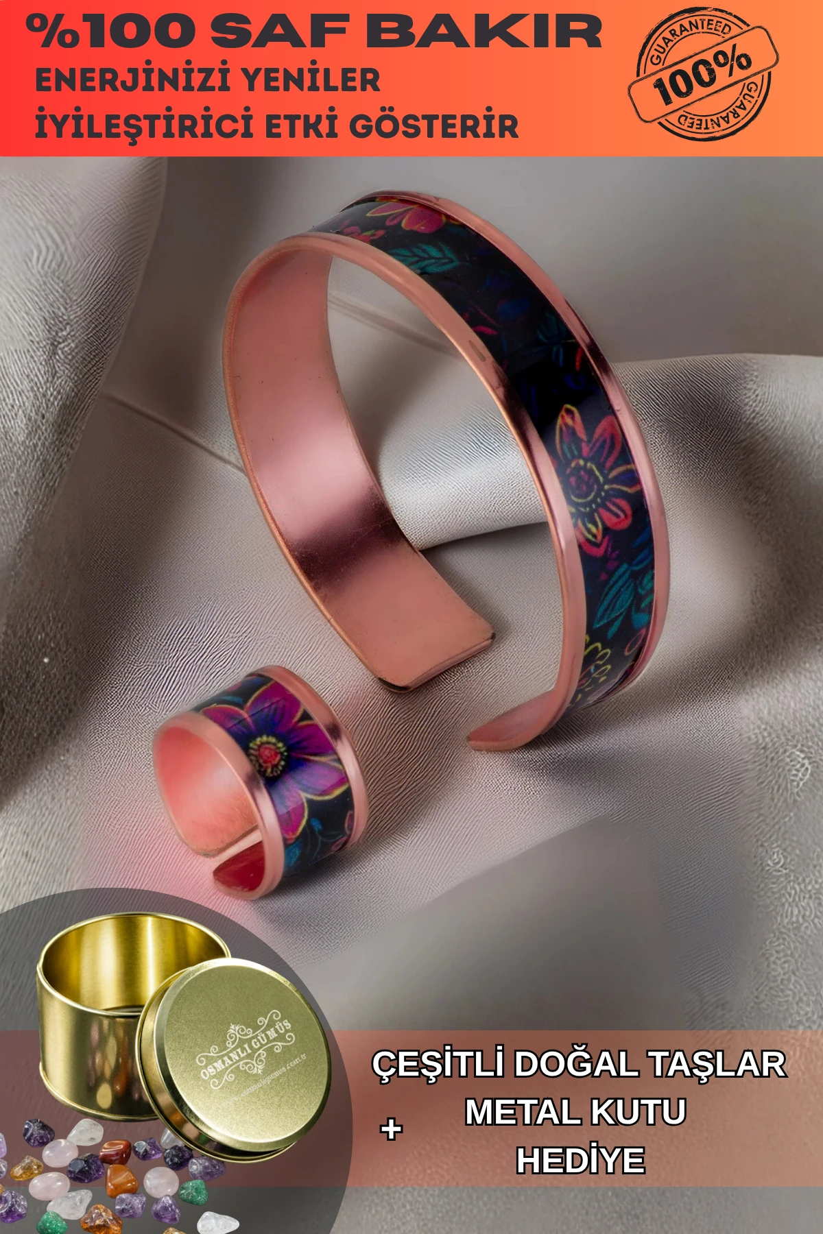 Kadın Bakır Bileklik Yüzük Set - Bianca Model Özel Baskı Metal Kutu Ve Doğal Taşlar