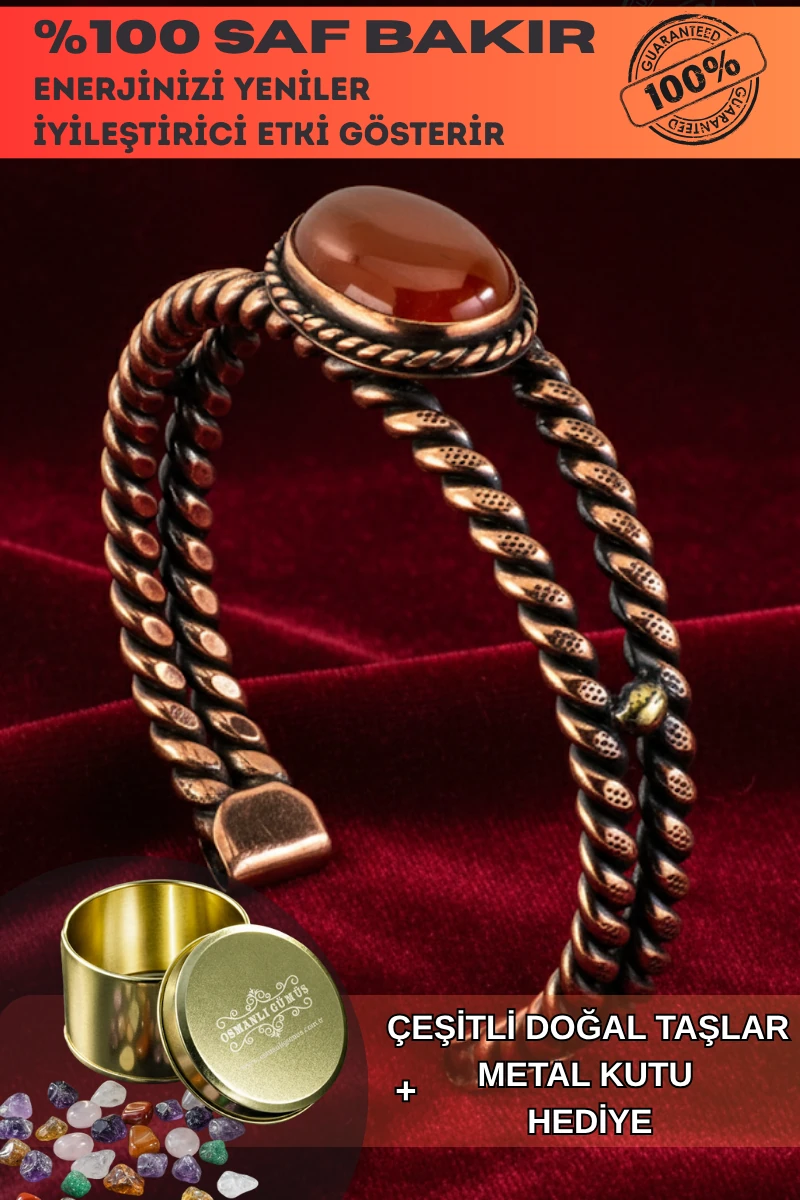 Kırmızı Akik Taşlı Model %100 Saf Bakır Kadın Bileklik – Metal Kutu ve Doğal Taşlar