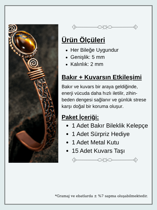Bakır Kelepçe Bilezik Kaplan Gözü Doğal Taş Erkek Kadın Kuvars Taşı ve Metal Kutulu