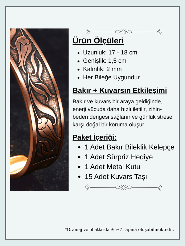 Erkek Kadın Bakır Bileklik - İçi Zırh Ve Koruma Dualı Üstü Çiçek İşlemeli Bakır Bilezik Bileklik