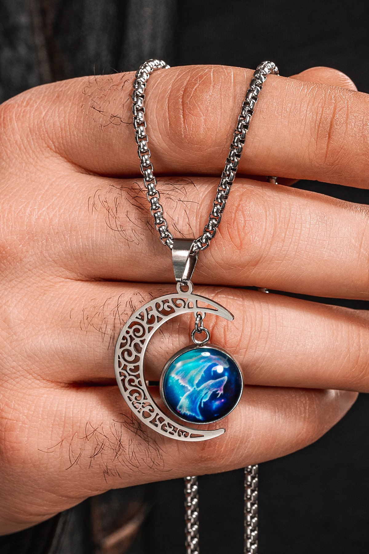 Lunara Steel Ay Figürlü Kozmik Taşlı Erkek Kolye Polo Zincir Kararmaz Çelik
