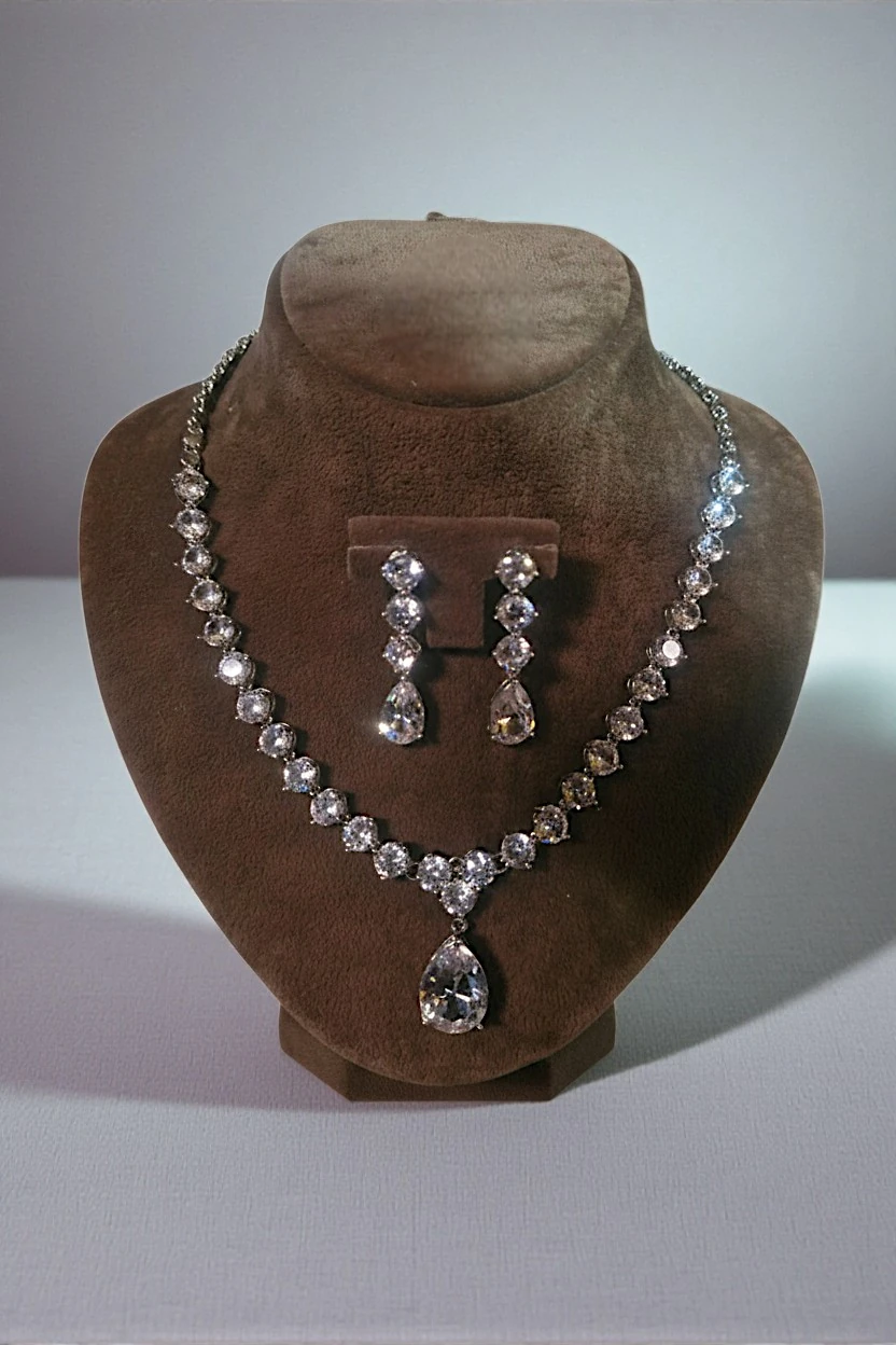 Kadın Bijuteri Kolye Küpe Set - Crystal Model Baget Taşlı Zarif Su Yolu Set