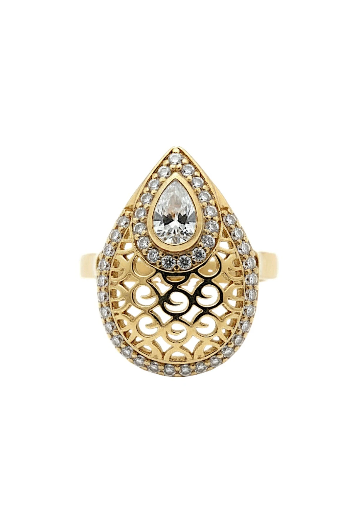 Kadın Gümüş Kolye Yüzük Küpe Set - Damla Model 22 Ayar Altın Kaplama Zirkon Taşlı Gümüş Set