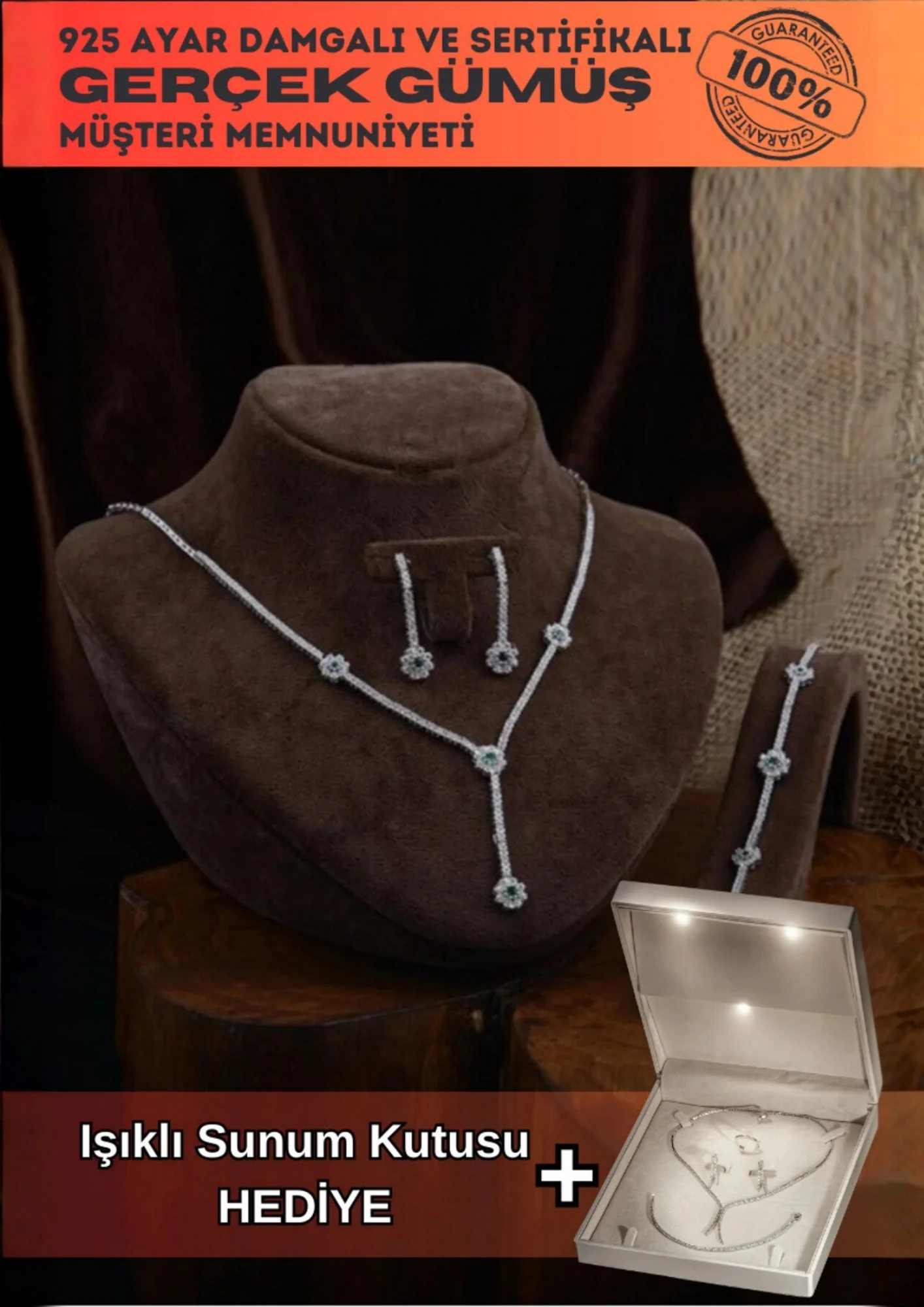 Ahenk Bayan Zümrüt Taşlı Gümüş Su Yolu Set - Kolye, Bileklik, Küpe, Yüzük