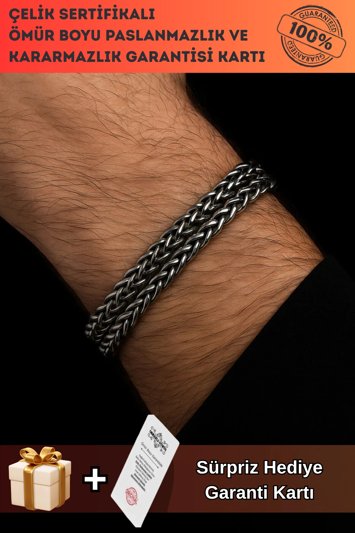 Erkek Çelik Kral Bileklik - Çift Sıra Kalın Zincir Model Kararmaz Paslanmaz