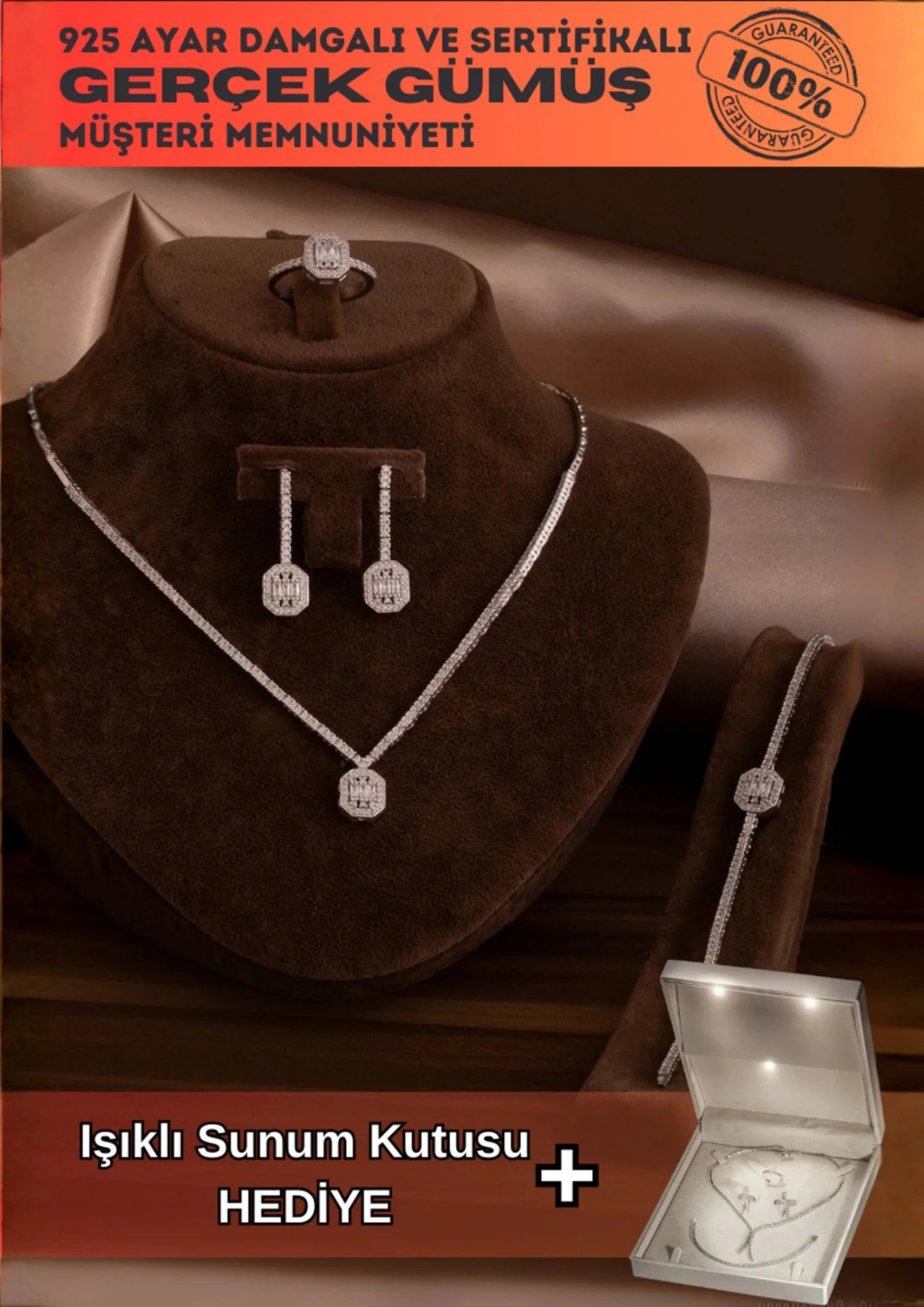 Kadın Gümüş Takı Seti - Ferahnaz Baget Taşlı Zirkon Süslemeli 925 Ayar Kolye, Bileklik, Yüzük, Küpe Tam Set