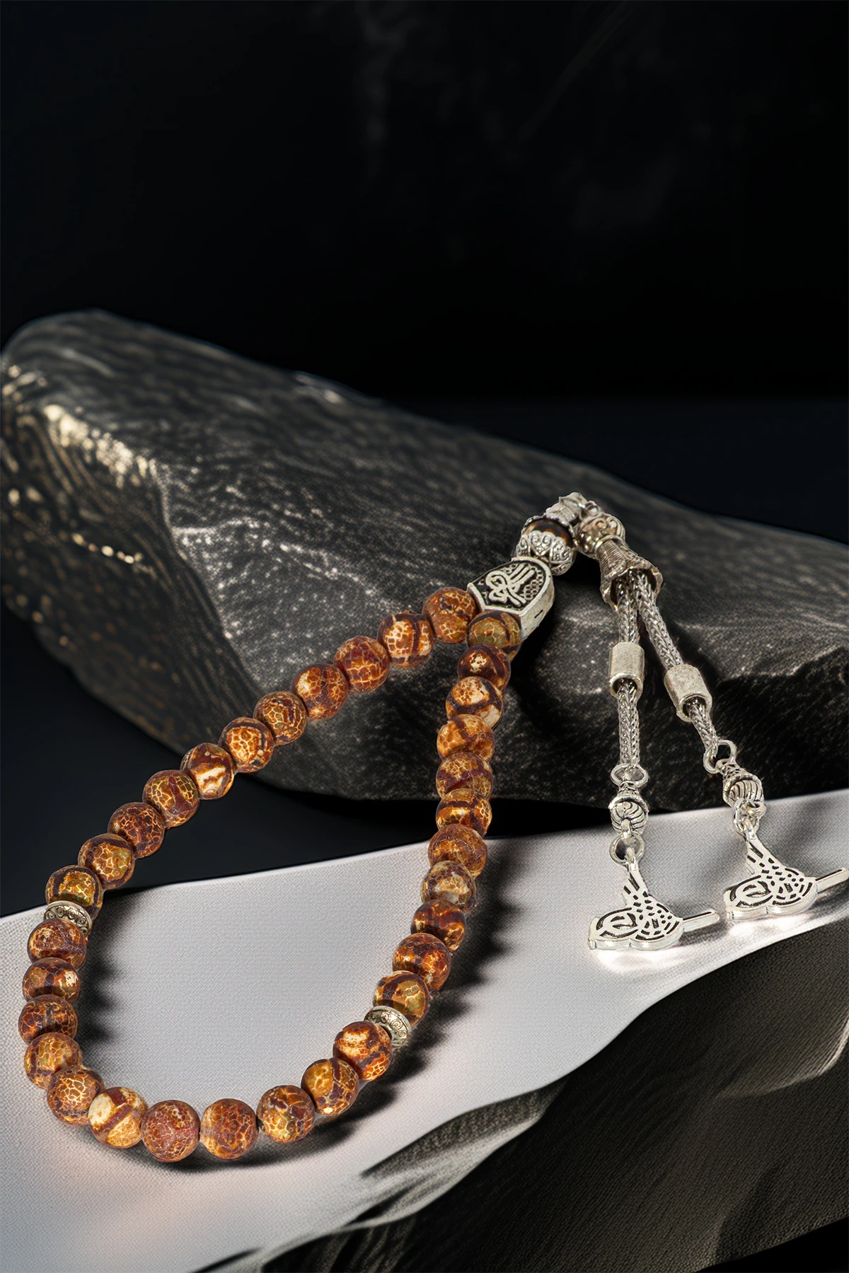 Erkek Doğal Taş Tespih - Doğal Kahverengi Tibet Akiği Taşlı Ortaboy Tesbih